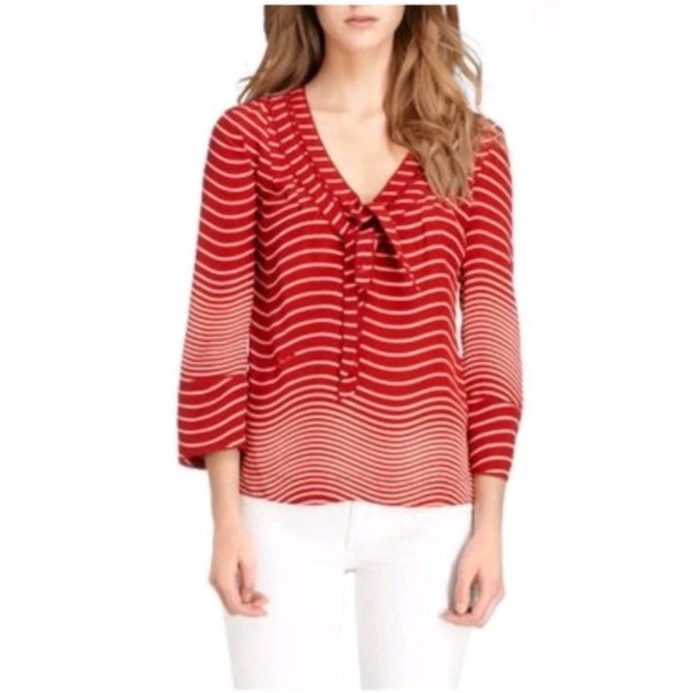 Tory Burch 14 Red Striped Tie Front V Neck Blouse 3/4 Sleeve 100% Silk Preppy